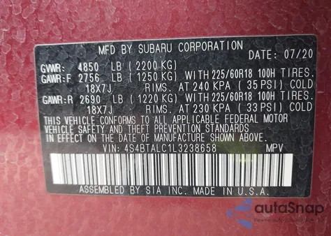2020 Subaru Outback Limited z USA, uszkodzony, nr VIN 4S4BTALC1L3238658